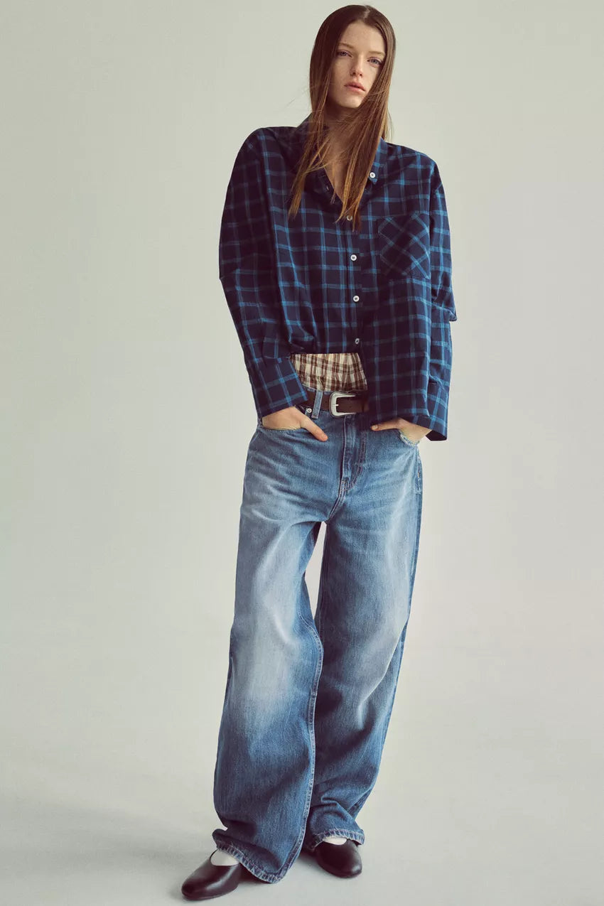 Zara Blue Plaid Check Poplin Shirt - Large
