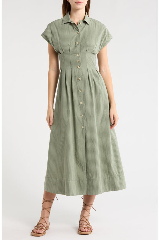 Marine Layer NWT Arden Midi Shirt Dress in Olive/Navy Stripe - Medium