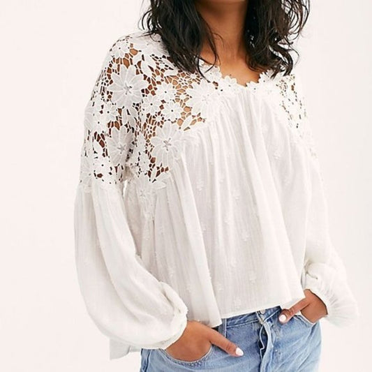 Free People White Lace Floral Blouse - Small