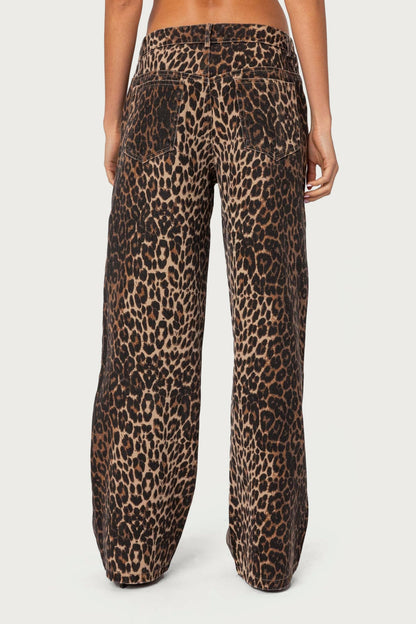 Edikted Leopard Printed Low Rise Baggy Jeans - Medium