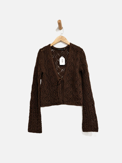 The Limited Chocolate Brown Cropped Knit Tie Front Cardigan