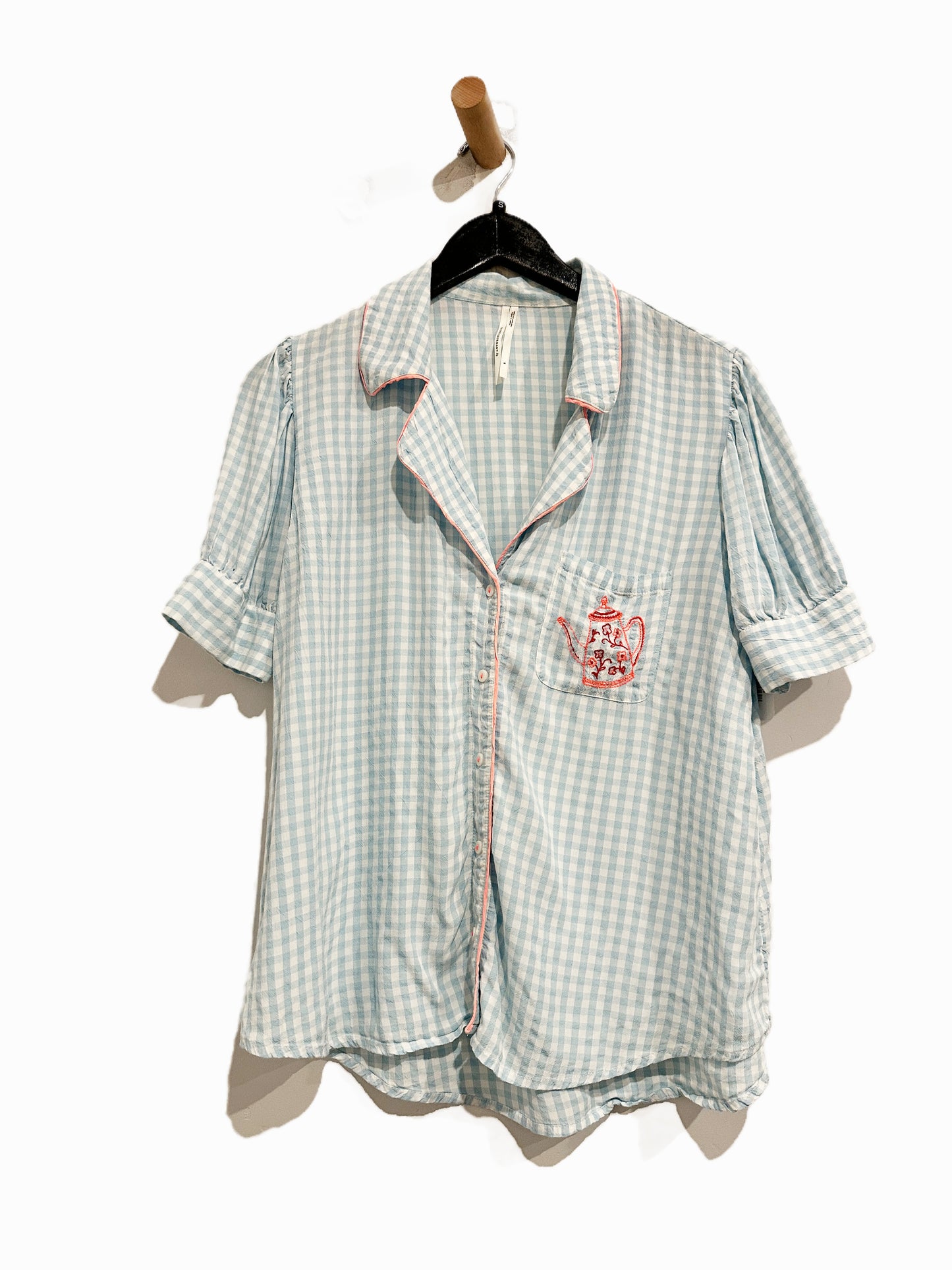 Anthropologie Blue and White Gingham Embroidered Teapot SS Button Down - Small