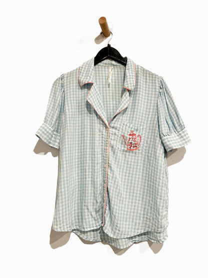 Anthropologie Blue and White Gingham Embroidered Teapot SS Button Down - Small