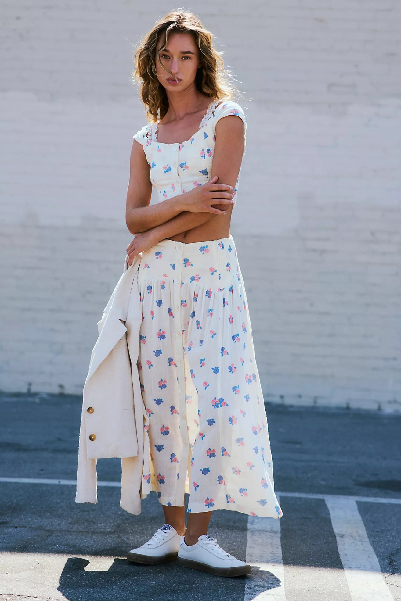 Free People White Floral Midi Skirt - XS