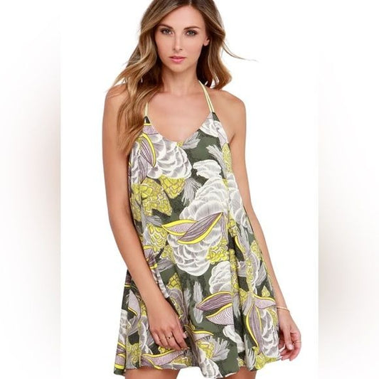 Lulus Think Vice Olive Green Print Swing Dress Size Small