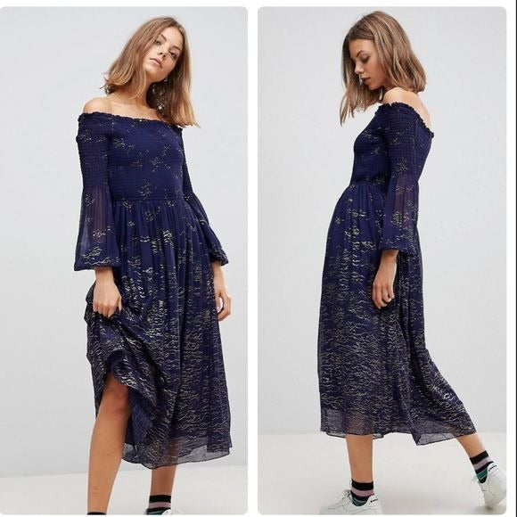 NWT Free People Foiled Smocked Off the Shoulder Midi Dress Size XS