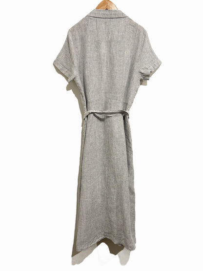 Quince European Linen Button Front Dress in Blue Pinstripe - XS