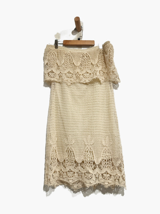 A. Peach Cream Crochet Lace Tube Mini Dress - Medium