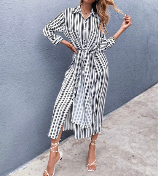 Zara Black and White Stripe Button Down Dress - Large