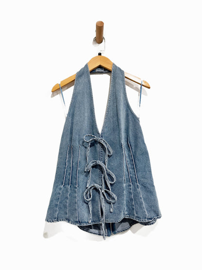 Vici Rustic Solstice Halter Neck Front Tie Denim Top - Large