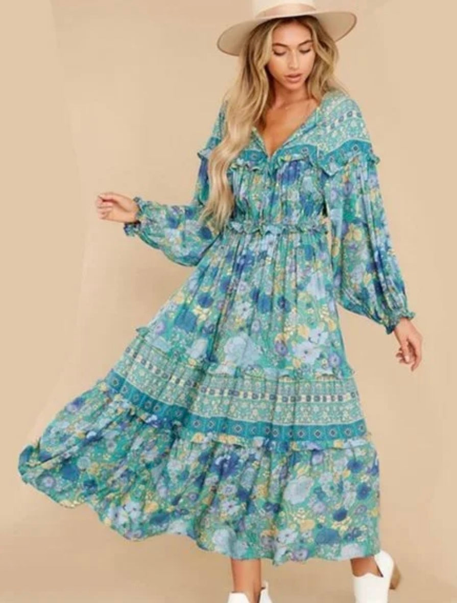 Saints & Hearts Blue Floral Maxi Dress - Medium