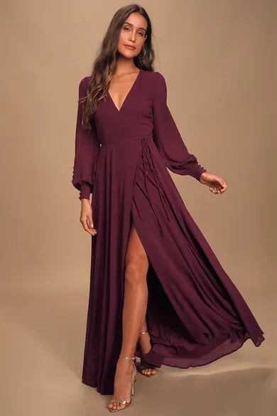 Lulus Burgundy LS Maxi Wrap Dress - Large