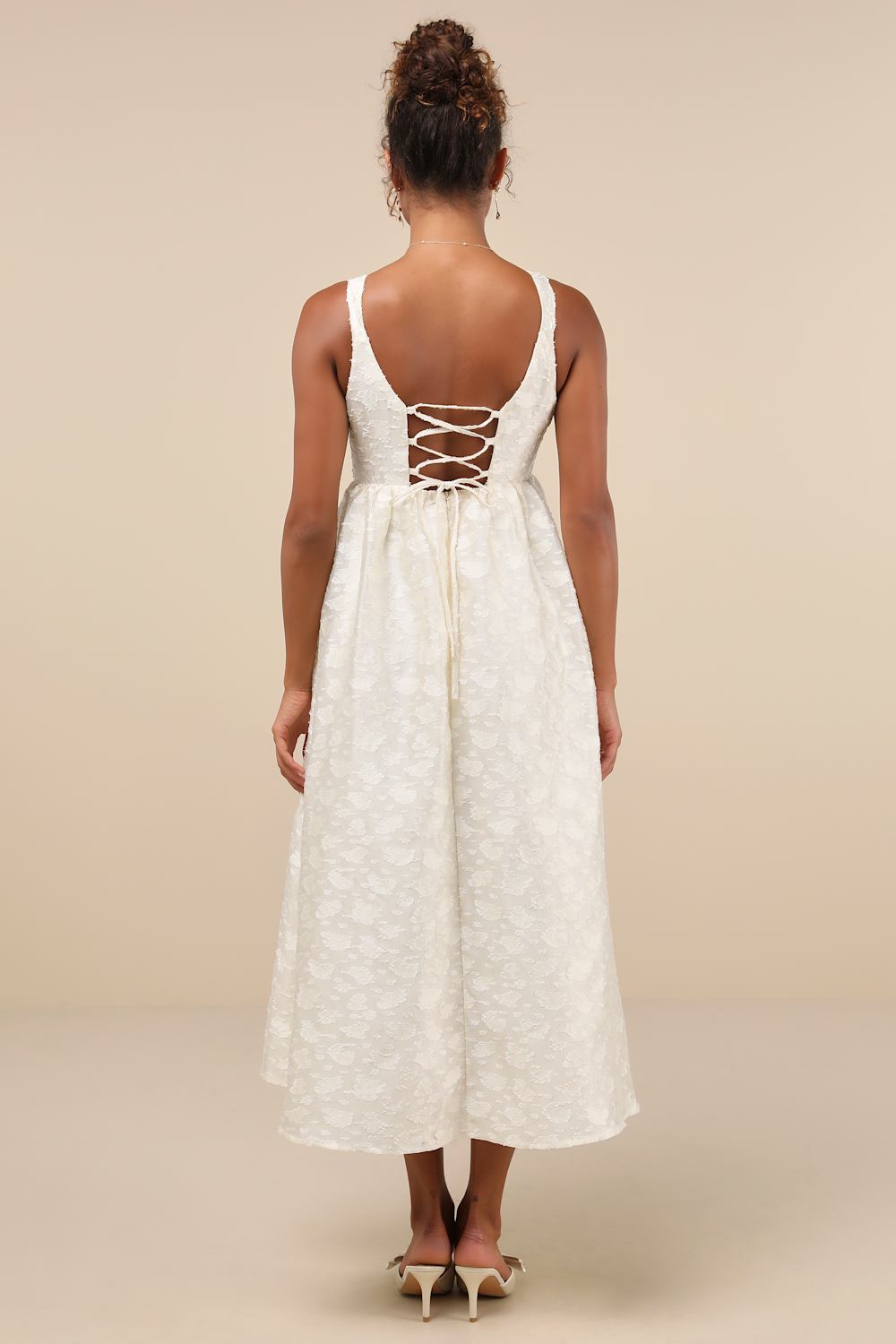Lulus Immaculate Elegance Cream Jacquard Lace-Up Midi Dress - XS