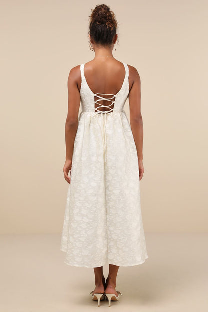Lulus Immaculate Elegance Cream Jacquard Lace-Up Midi Dress - XS