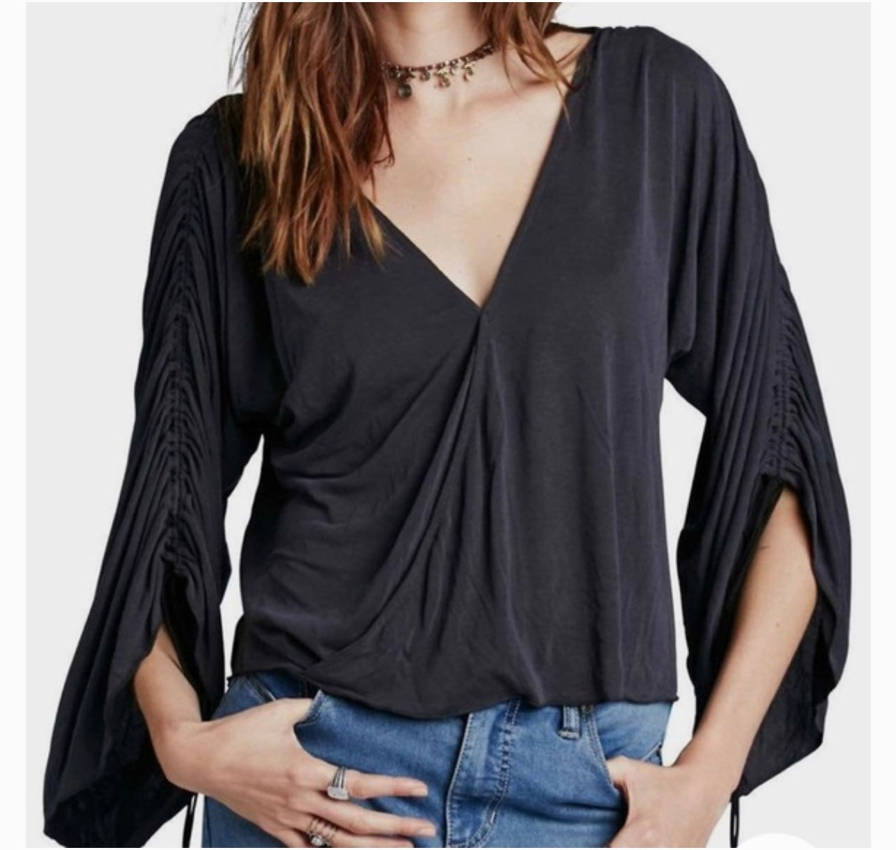 Free People Black V-Neck Wrap Top - XS