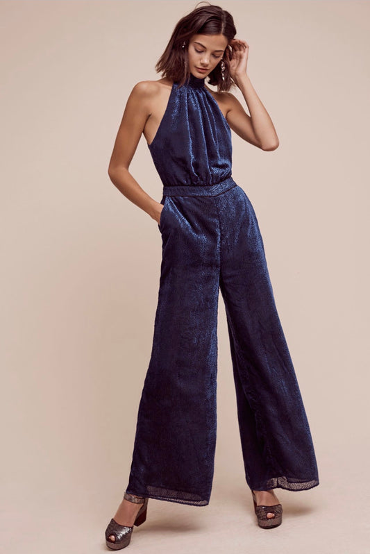 Anthropologie Elevenses Velvet Nora Jumpsuit in Navy - 0