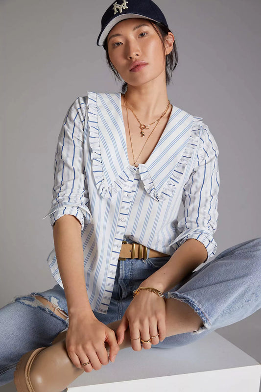 Anthropologie Maeve Blue & White Collar Blouse - 0
