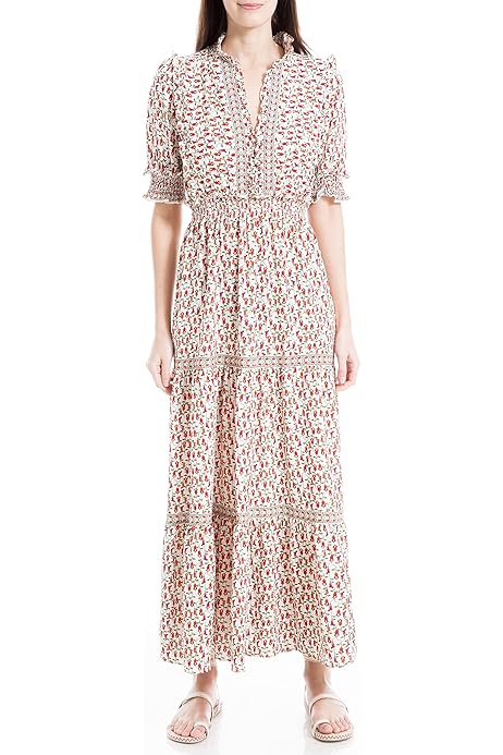 Max Studio White w/Red Flower Tiered Maxi Dress - Medium