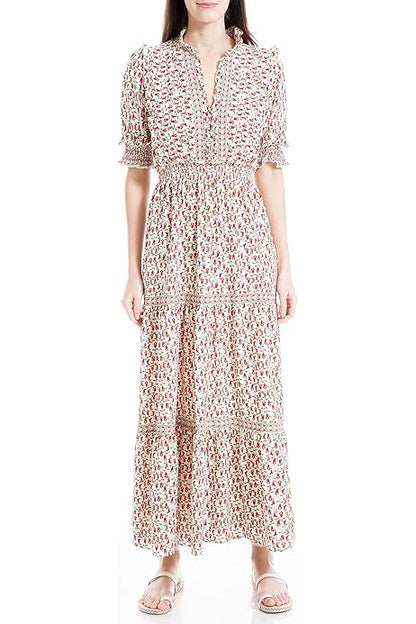 Max Studio White w/Red Flower Tiered Maxi Dress - Medium