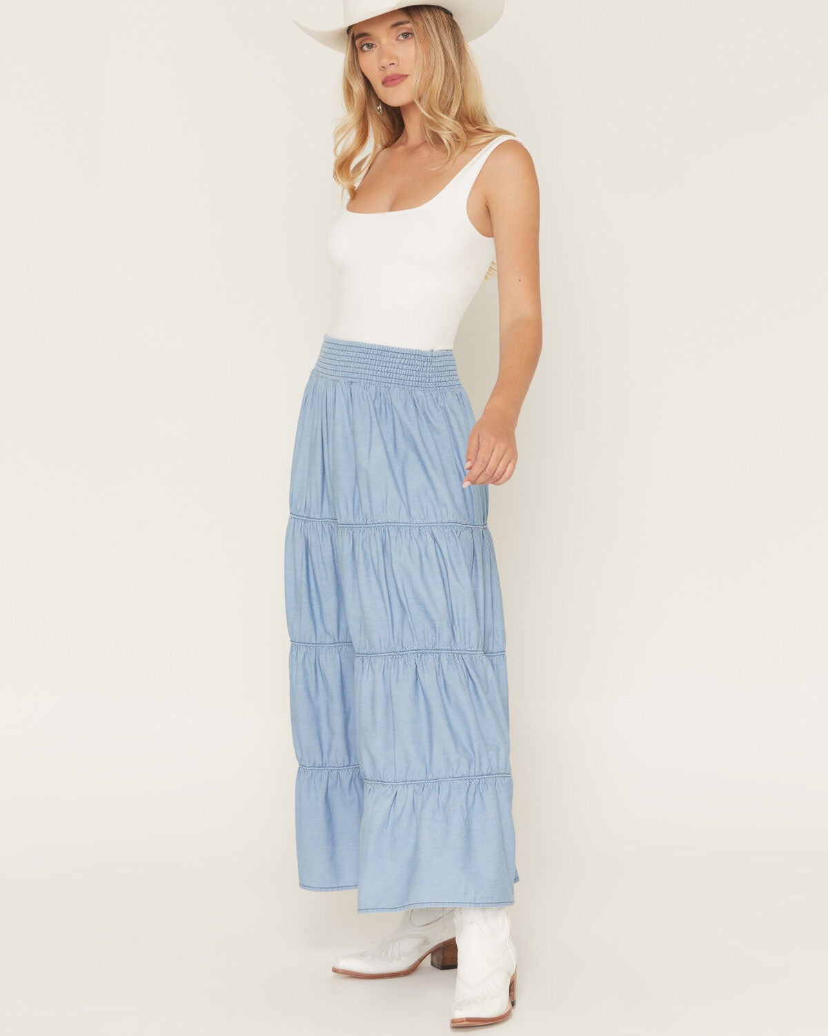 Ashley Chambray Tiered Maxi Skirt - Medium