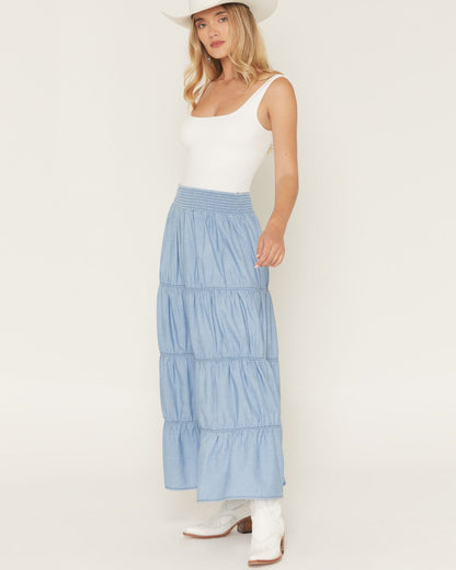 Ashley Chambray Tiered Maxi Skirt - Medium