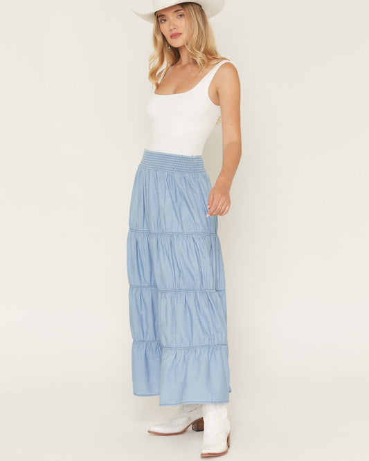 Ashley Chambray Tiered Maxi Skirt - Medium