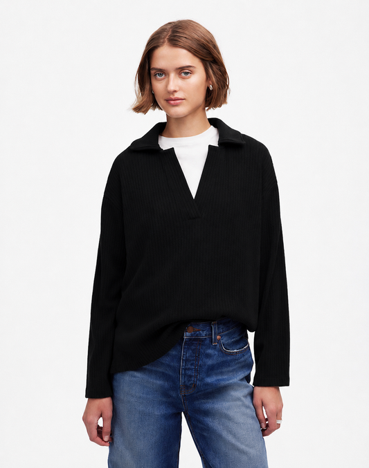 Madewell Relaxed Long-Sleeve Polo Tee in Jet Black - Small