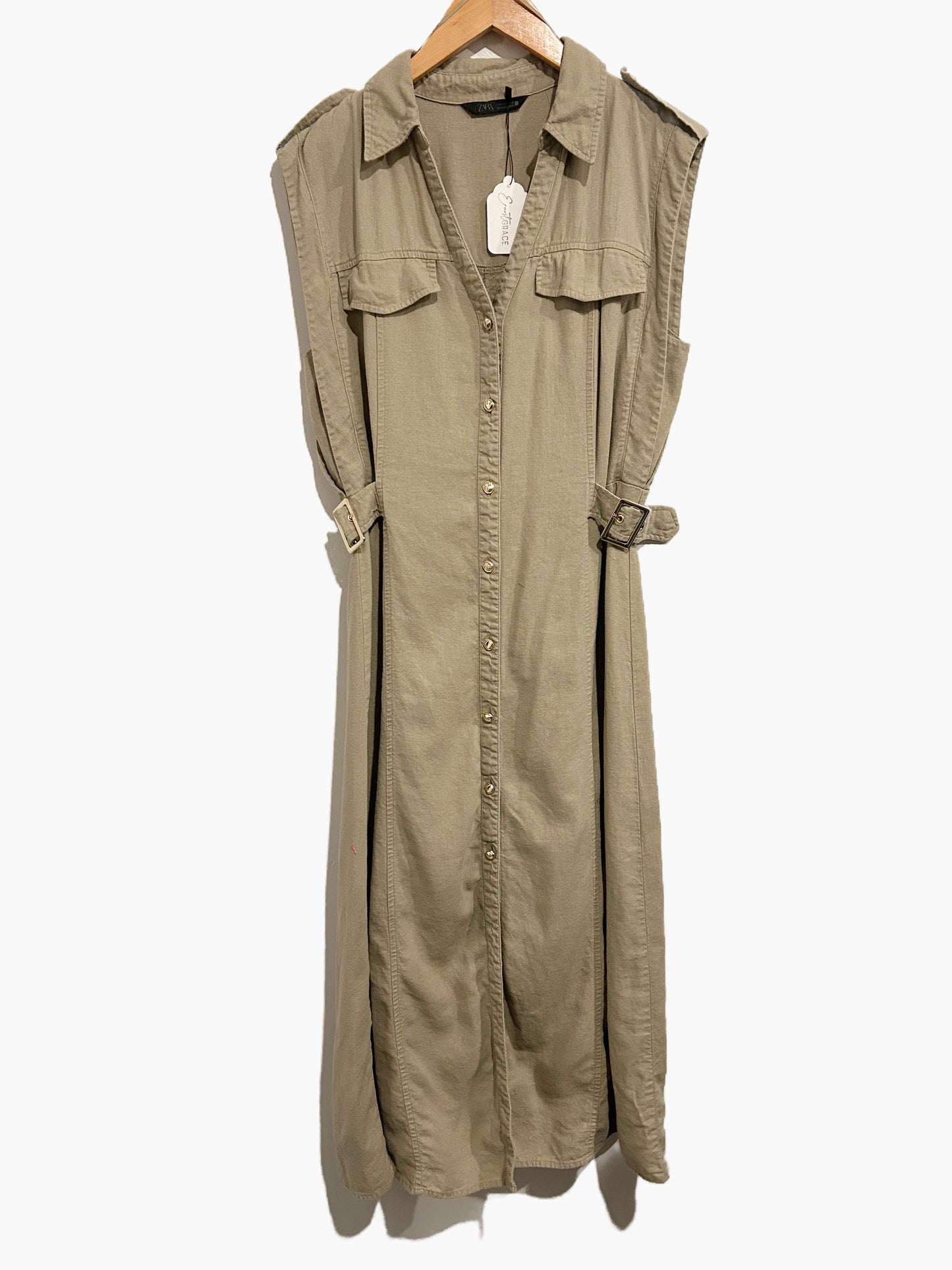 Zara Tan Linen Blend Midi Shirt Dress - Large