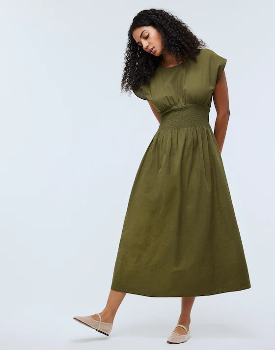 Madewell Smocked-Waist Midi Dress in Stripe Seersucker Desert Olive - XXS