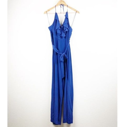 Yumi Kim Silk Blue Halter Wide Leg Jumpsuit - Large