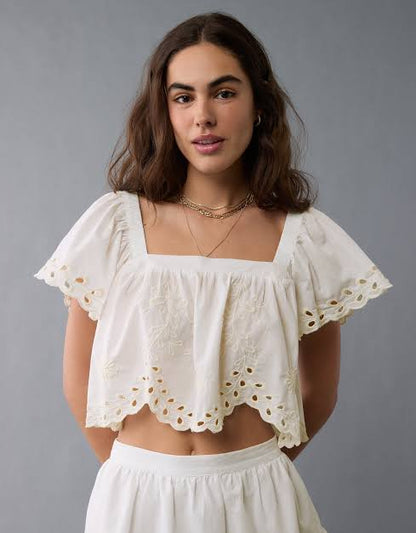 NWT American Eagle White Tie Back Eyelet Crop Top - Large
