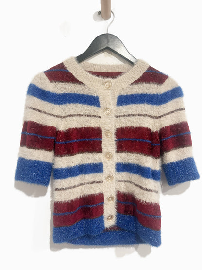 Anthropologie Maeve Short-Sleeve Fuzzy Cardigan Sweater in Blue Pattern - XS