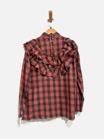 $$ Zara Woman Red and Black Plaid Ruffle Flannel - XS