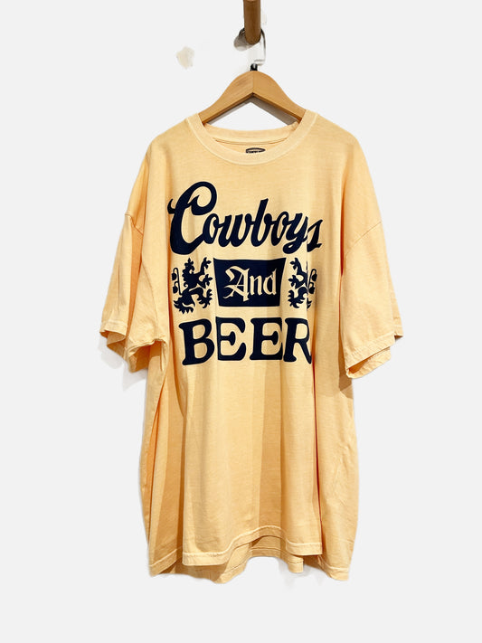 Country Deep Yellow Cowboys and Beer Graphic Tee - S/M