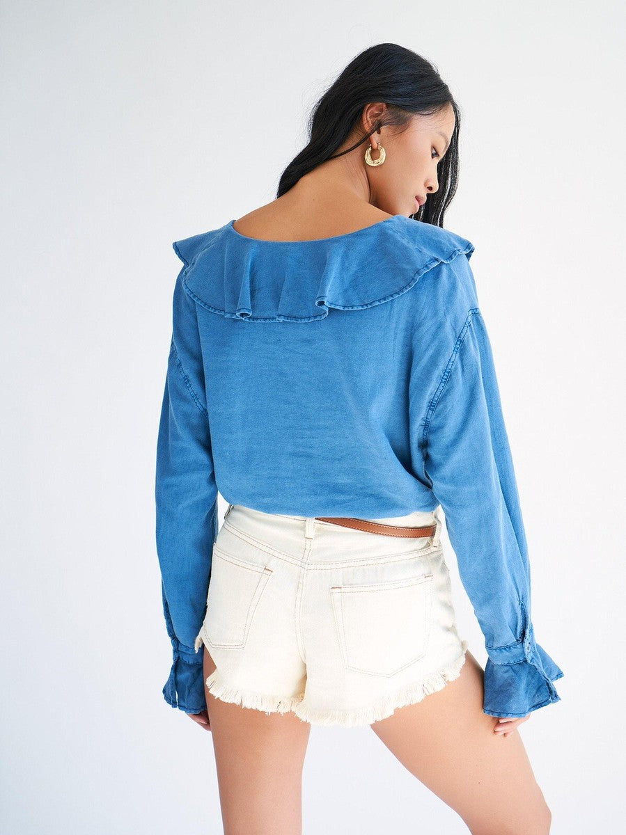 Free People Amber Ruffle Top in Blue - Medium