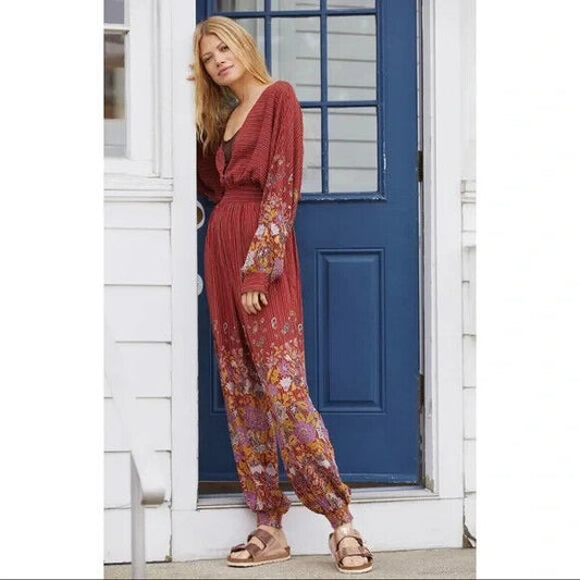 Anthropologie Red Stripe Floral Print Jumpsuit - Medium