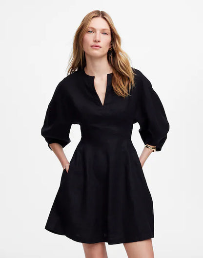 NWT Madewell Linen Splitneck Mini Dress in Jet Black - 6