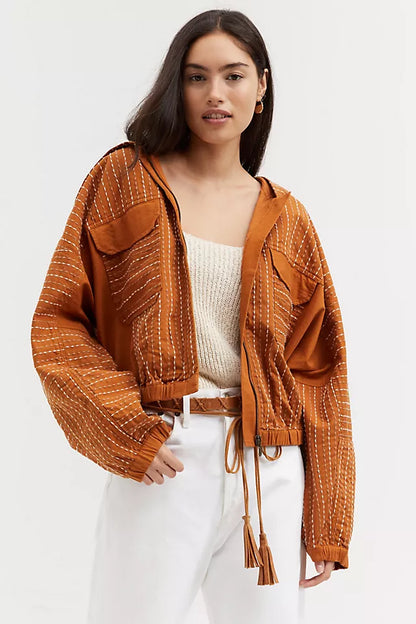 Anthropologie Hooded Contrast Stitch Jacket in Honey - Small