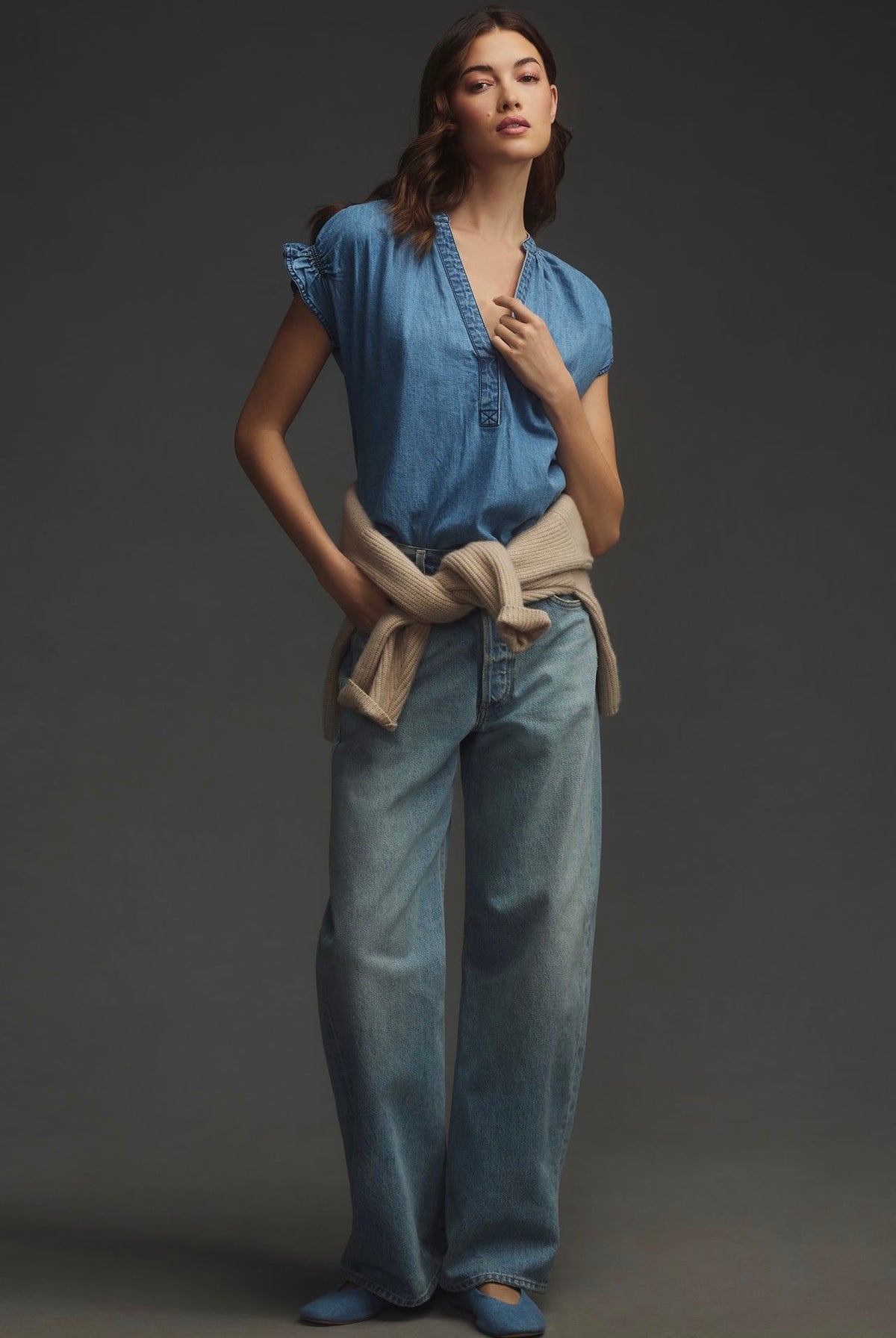 Anthropologie Pilcro The Tatum Flutter-Sleeve Denim Henley Blouse - Large