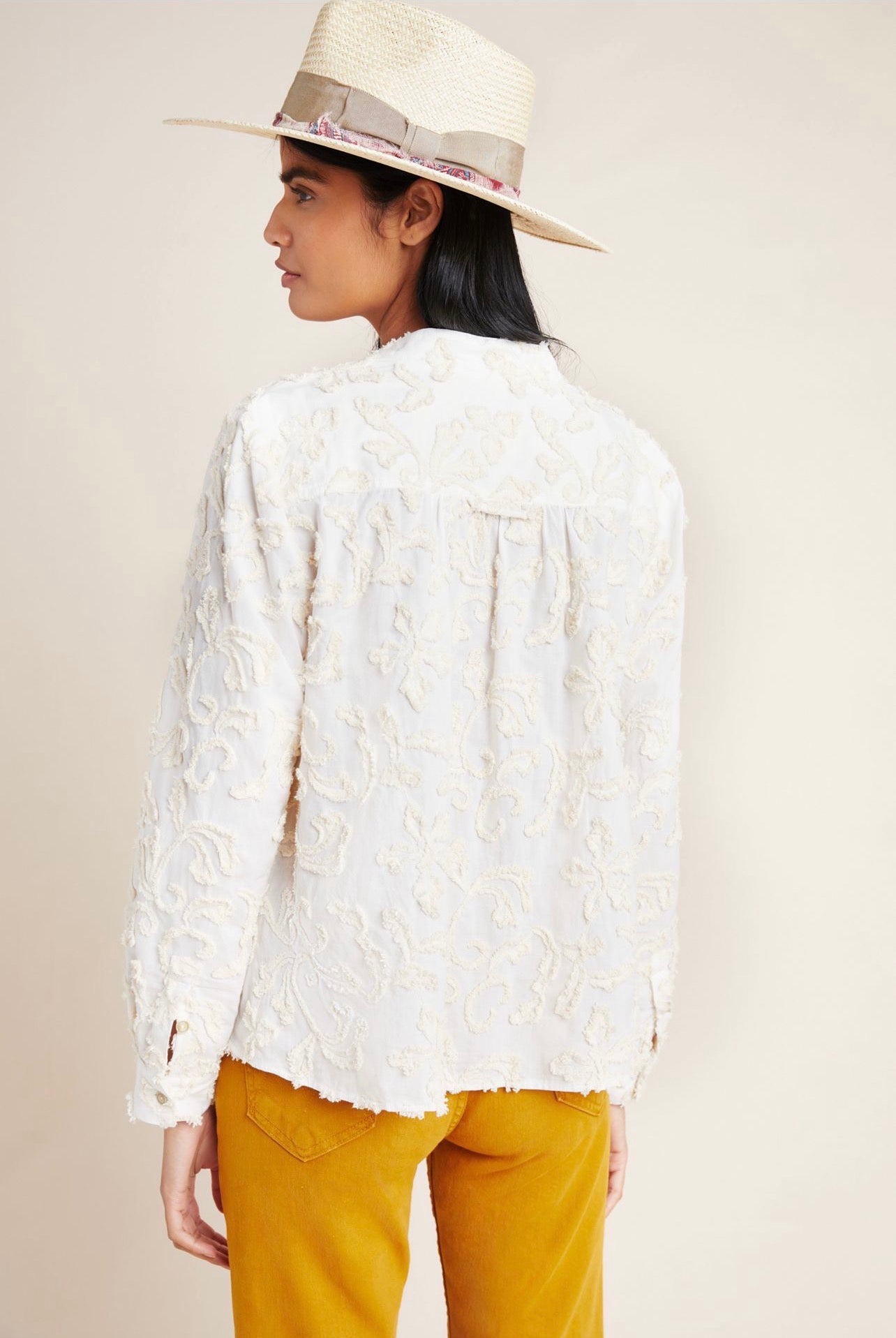 Anthropologie The Whitney Embroidered Trapeze Button Down in Ivory - XL