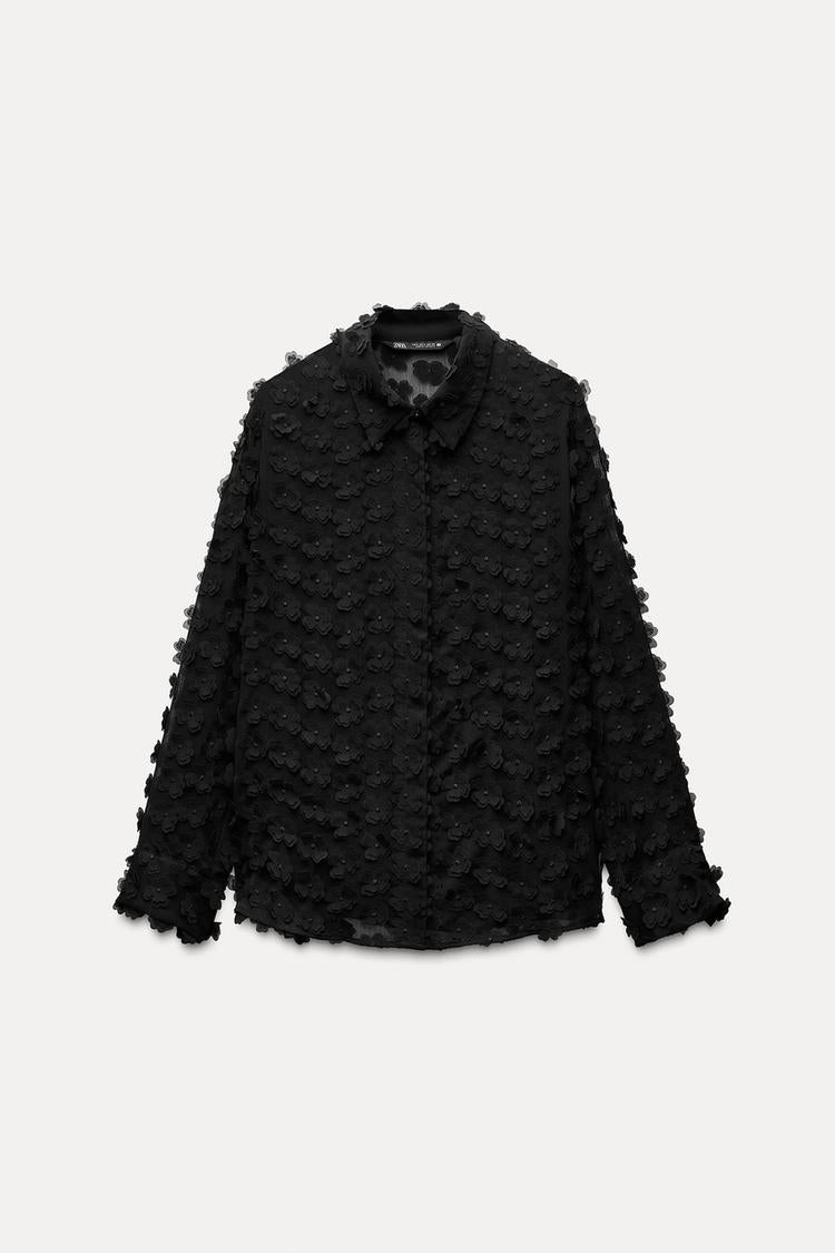 Zara NWT Black Floral Applique Button Down - Small