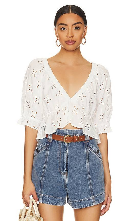 Free People White Eyelet Ruffle Crop Blouse - Large