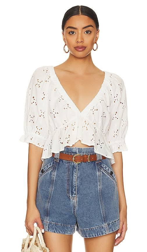 Free People White Eyelet Ruffle Crop Blouse - Large