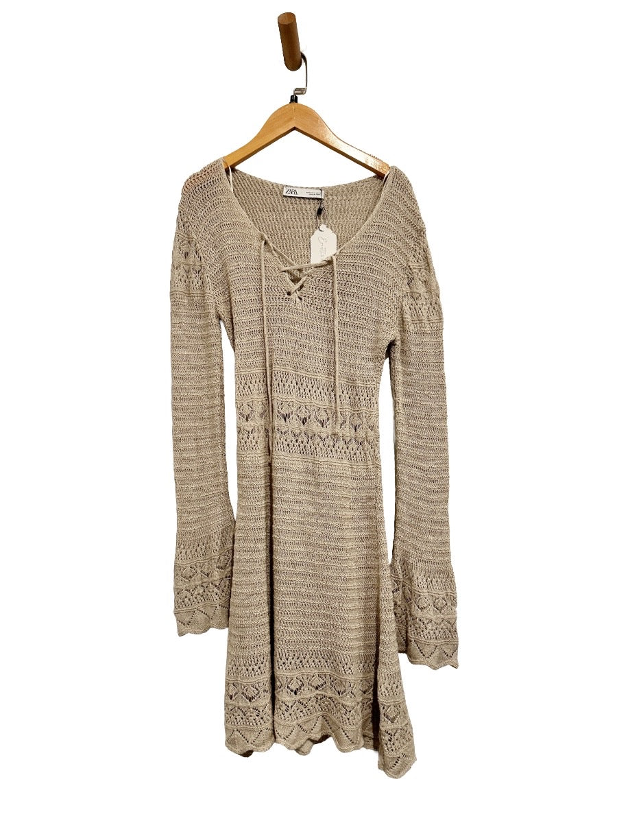 Zara Pointelle Openwork Knit Dress in Beige - Medium