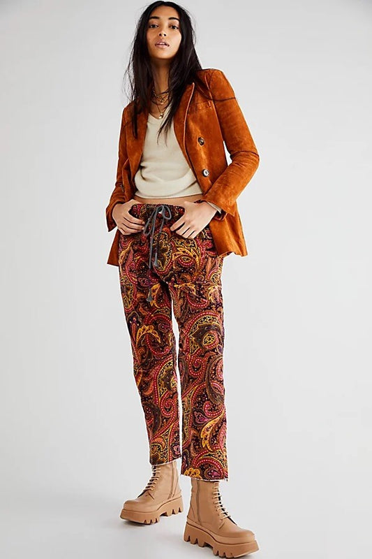 Free People City Slouch Printed Cord Pants in Magenta Combo - XL