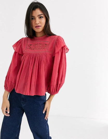 Free People Laura Eyelet Blouse in Coral - Large