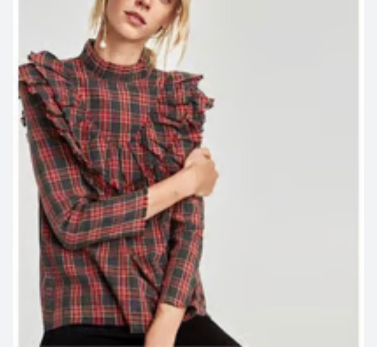 $$ Zara Woman Red and Black Plaid Ruffle Flannel - XS