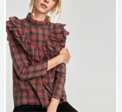 Zara Woman Red and Black Plaid Ruffle Flannel - XS