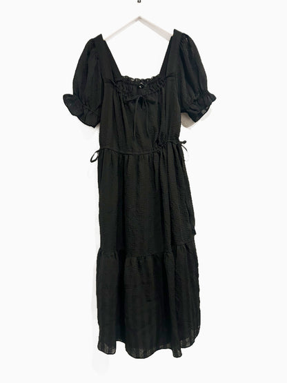 Madewell Square-Neck Tiered Midi Dress in Textured Seersucker True Black - Medium