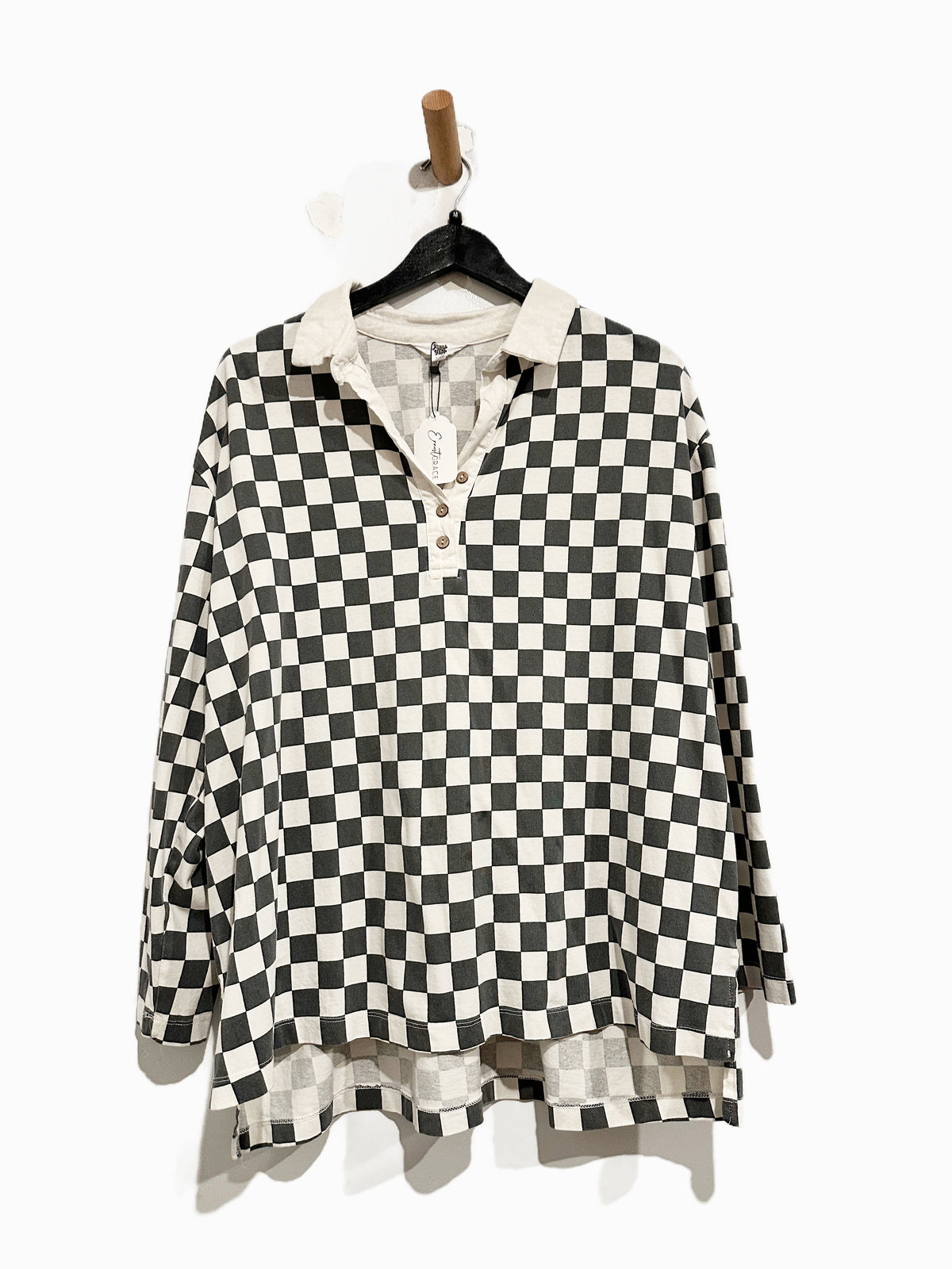 Ascot and Hart White and Black Checkered LS Polo - Medium